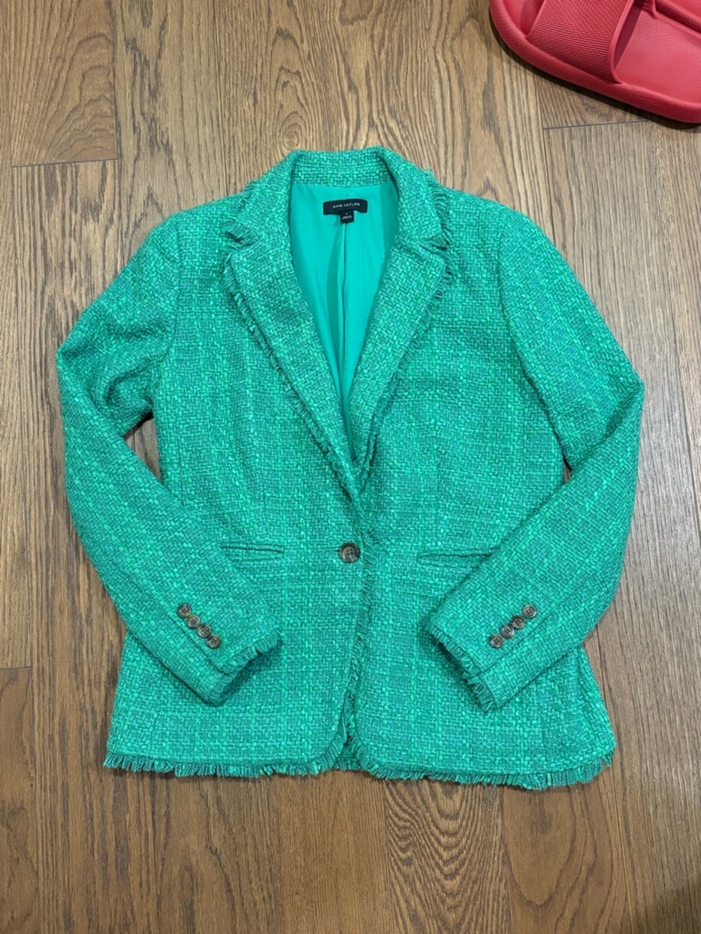 Ann Taylor Teal Tweed Fringe Blazer Jacket